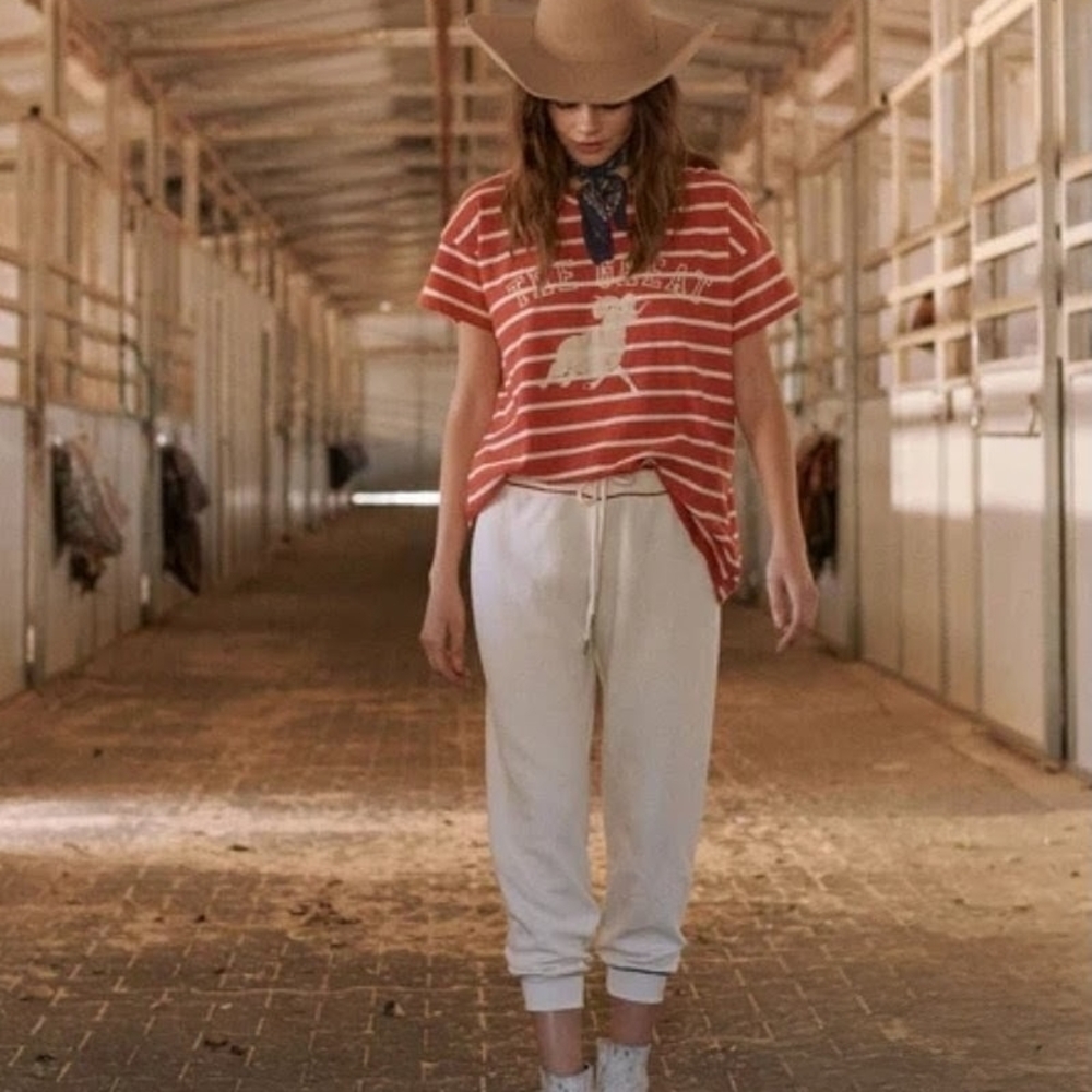 The Great. Boxy Crew with Ram Graphic in Cardinal Stripestriped Tee